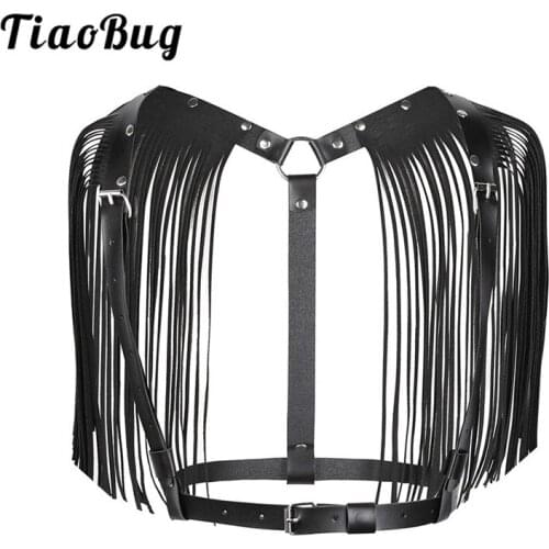 TiaoBug Fashion Women PU Leather Adjustable Body Chest Harness Shoulder Tassel Bondage Belt Sexy Women Bondage Punk Crop Top