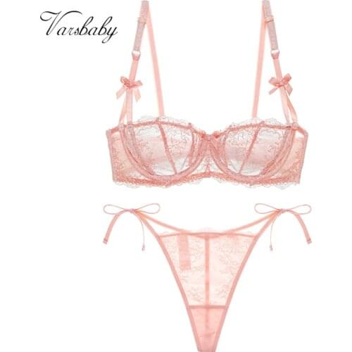 Varsbaby Sexy Lace Transparent Half Cup plus size Underwear Set Bowknot Bra + Comfortable Lace Thong Ladies Bra Set