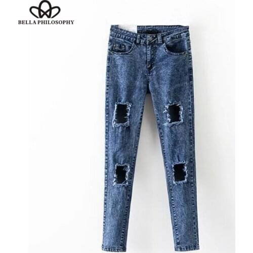 HStar 2020 spring women casual solid jeans high waist female straight pants zipper fly ladies hole full length jeans
