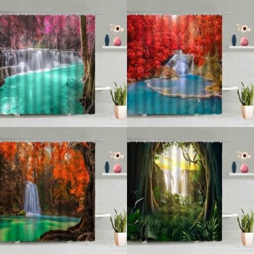 Waterfall Shower Curtain Natural Scenery Forest Green Plant River Stone Maple Leaves Animals Bird Bathtub Decor Screen Washable