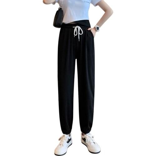 High Waist Drape Ice Silk Anti-mosquito Women Pants Summer Lady Solid Slim Casual Sports Trousers Fashion Thin Loose Calf Pants
