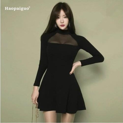 2020 Summer Mini Lace Dress for Women Office O-Neck Long Sleeve Black Slim Sexy Dresses A-Line Bandage Bodycon Dress Vestidos