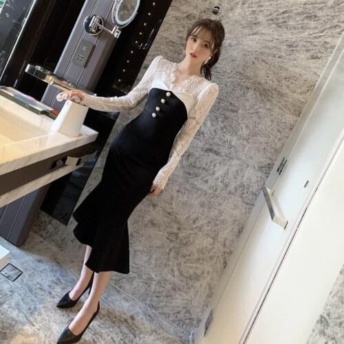 Korean Fashion Clothing Contrast Singer Button Black Lace Dress for Women Long Sleeve Autumn Winter Dress 2020 New Midi Dresses