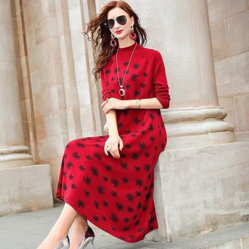 2020 Vintage Red 3XL Plus Size Knit Turtleneck Wool Sweater Maxi Dress Autumn Winter Casual Women Elegant Bodycon Long Sweaters