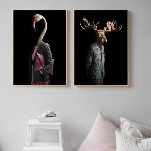 Animal Caribou Flamingo In Clothes Art Canvas Painting Anthropomorphic Poster Print Wall Art Picture for Living Room Home Decor