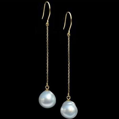 10-11MM Silver White Genuine South Sea Pearl Long Drop Earrings 18K Yellow Gold