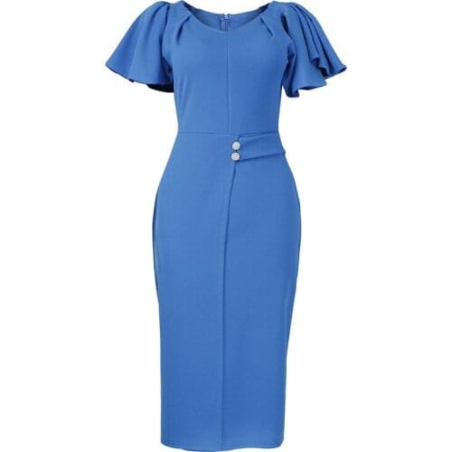 2021 New Blue O Neck Ruffle Sleeve High Waist Slim Office Tight Dress Fashion Dresses for Women Evening Party Dress Vestidos