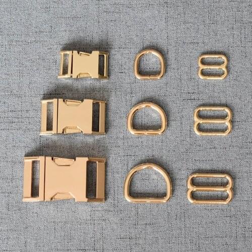 50 Sets 15mm 20mm 25mm Gold Heavy Metal Side Release Buckle D Ring Belt Slider For Pet Dog Collar Paracord Sewing Connect