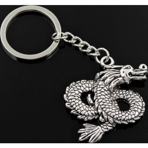 New Fashion Men 30mm Keychain DIY Metal Holder Chain Vintage China Loong Dragon 46x40mm Bronze Silver Color Pendant Gift