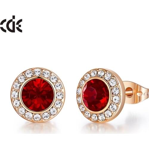 CDE Fashionable Luxury Red Color Crystal Round Shape Stud Earrings Women Ear Beautiful Jewelry Gifts