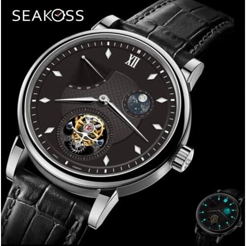 Seakoss Tourbillon Watch Mens Moon Phase GMT Luminous Mechanical Watches Men ST8001 Seagull Movement Leather Clock Reloj Hombre