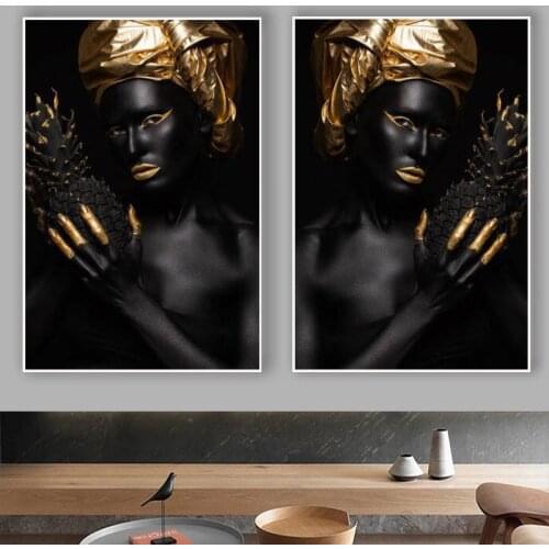 Black Woman with Gold Pineapple Canvas Painting African Woman Posters and Print Wall Art Picture for Living Room Home Decoration