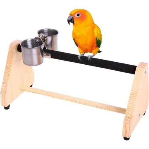 Parrot Play Wood Stand Bird Grinding Perch Table Platform Birdcage Feeder Stands with Stainless Steel Feeder Dish Cupfor 85DA