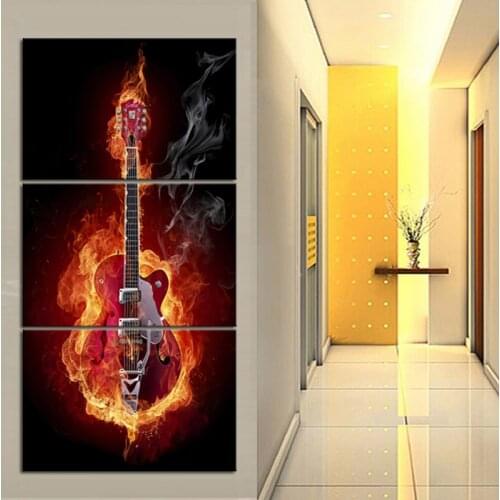 Electric Flame Burning Guitar 3 Panel Large Vertical Wall Art Paintings on Canvas Red Guitar Framed Art Pictures For Living Room