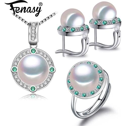 FENASY 925 Sterling Silver Jewelry Sets Green Crystal Natural Pearl Stud Earrings Pendant Necklaces Adjustable Rings For Women