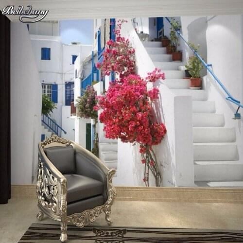 Beibehang Custom 3D Photo Wallpaper Mediterranean Landscape Sun White House Stairway Living Room Bedroom TV Mural Wallpaper