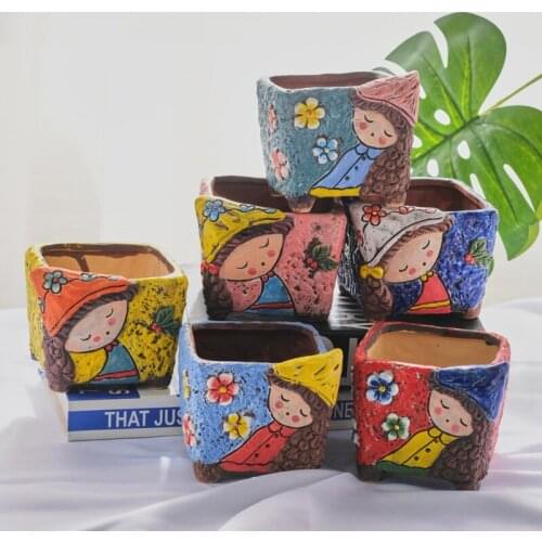 Coarse Pottery Lovely Girl Colorful Painted Flower Pot With Foot Stand Succulent Plant Flowerpot Bonsai Plant Desktop Ornaments
