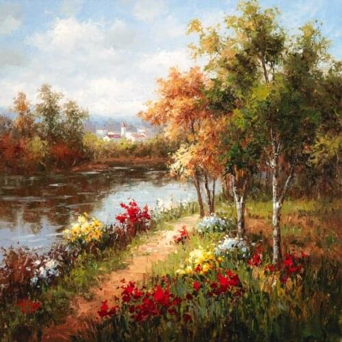 Beautiful oil painting Landscapes Poppies and Stream Hand painted canvas artwork for dinning room