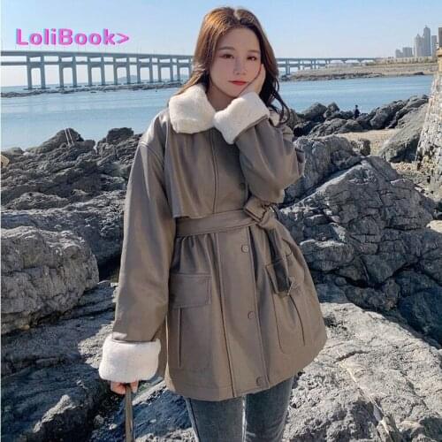 Lolibook Women with Faux Rex Rabbit Fur Inside Warm Soft Thickened Fur Lined Coat Long Sleeve Winter Oversized Leather Jacket