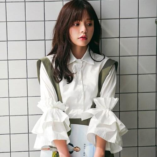 Sweet Lapel Stitching Multi-layers Lotus Shirts Leaf Sleeves Ruffles Blouses Flare Sleeve Cardigan Solid Color OL Tops 2019