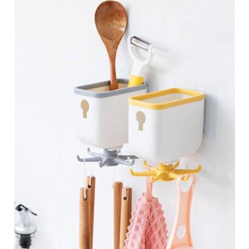 Wall Mounted Rotate Hanger Rack Kitchen Spoon Shovel Brushes Hanging Hook Sponge Storage Organizer with 6 Hangers