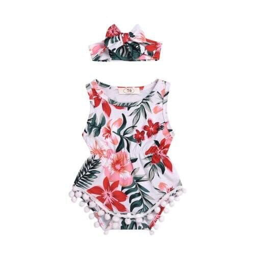 Toddler Baby Girl Summer Flower Ruffle Romper Bodysuit Jumpsuit +Printed Bow Headband Outfit Clothes 0-18M