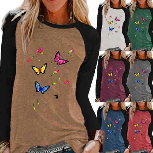 Autumn Ladies Fashion Casual Long-sleeved Shirt Round Neck Butterfly Print Loose Blouse Hit Color Plus Size XS-5XL