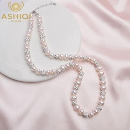 ASHIQI Real Natural Freshwater Pearl Necklace with White Clay Zircon Ball Jewelry for Women Gifts