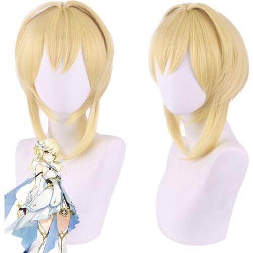 30cm Game Genshin Impact Project Traveler Lumine Girl Wig Cosplay Wigs Playing Powder Light Golden Hair Halloween 1:1 Wigs