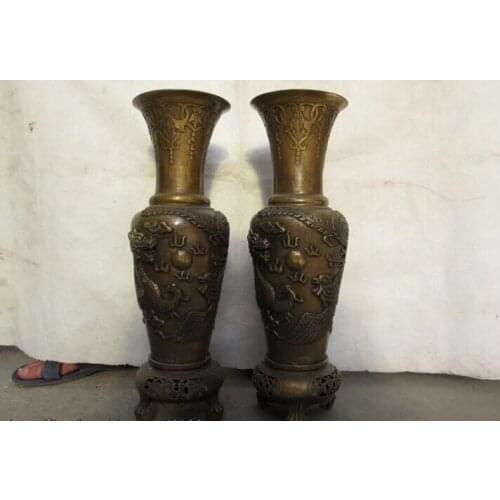 Song voge gem S0633 20 Chinese classical Bronze Copper Palace Dragon phoenix Play Bead Pot Vase Pair