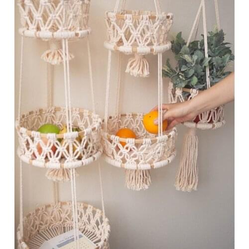 Hanging Fruit Basket 3 Tier Woven Cotton Rope Wall Baskets Kitchen Produce Storage Organizer Plant Holder