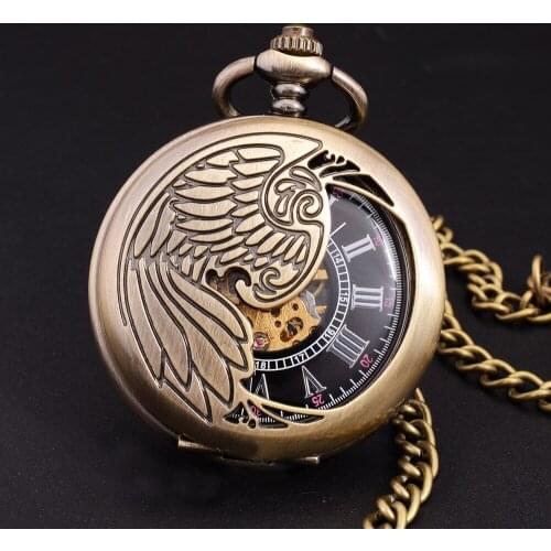 Retro Skeleton Phoenix Wings Carving Bronze Steampunk Classic Necklace Fob Mechanical Hand Wind Pocket Watch relogio de bolso