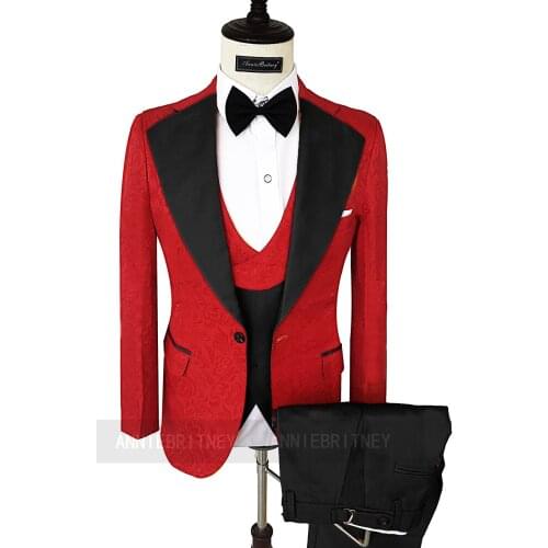 Luxury Fashion Red Jacquard Suits Men 3 Pieces Groom Wedding Black Vest Pants Set Male Prom Evening Jacket Singers Stage Blazers