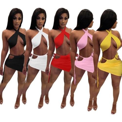 Sexy Women Dress Set Cross Bandage Top + Mini Dress Backless Tracksuit Women Party Night Clubwear Outfit