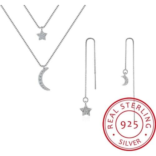 925 Sterling Silver Micro Zirconia Moon Star Short Necklace+Earrings Jewelry Sets For Women Girl Gift
