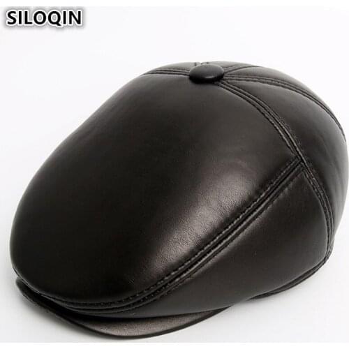 SILOQIN Winter Mens Warm Velvet Thick Beret Brands Genuine Leather Hats With Ears Middle-aged Sheepskin Earmuffs Hat Dads Cap