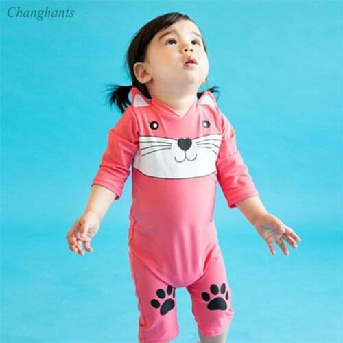 0-6 Y Girls Rash Guards Blue or Pink Cat Pattern Boys One Piece Swimsuit Baby Long Sleeve Surfing Wear Kids Sandy Beach