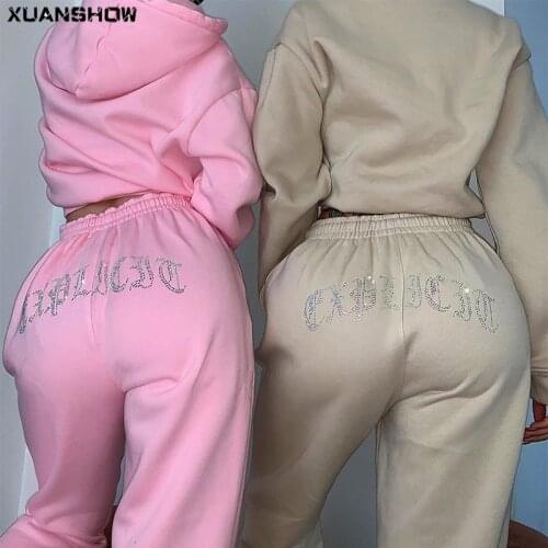 XUANSHOW Tracksuit 2 Piece Set Women Diamonds Loose Hoodies Sweatshirt Sweatpants Joggers Pant Suits Femme Outfits Sweatsuits