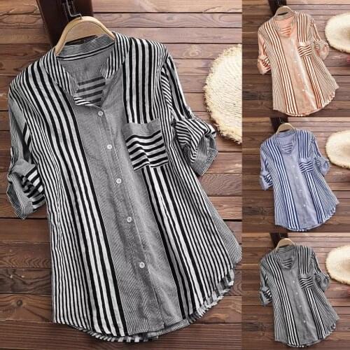 Women Three Quarter Sleeve Buttons Striped Printing Lapel Collar T-Shirt Casual Classic Blouse Top Daily All-match Girls T-shirt