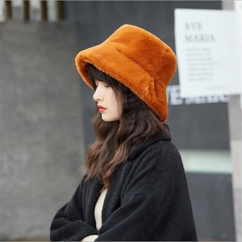 Womens Autumn and Winter Plush Basin Cap Monochrome Flat Top Wide Hat Casual Fashion Thick Fur Warm Hat