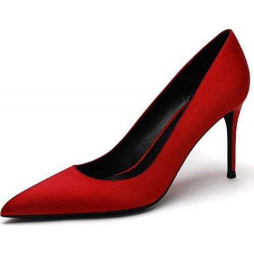 Women New Fashion Red Wedding Office High Heels Silk Pumps Lady Pointed Toe Female Bridal Shoes Big Size 8CM Thin Heel M0020