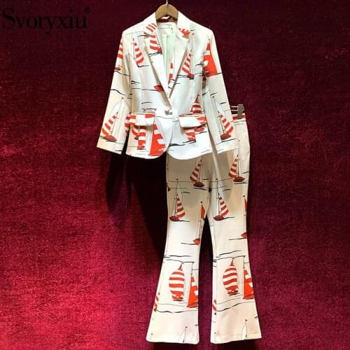 Svoryxiu Runway Designer Autumn Winter Two Piece Set Womens Single Button Sailboat Print Blazer + Flare Pants Fashion Suits