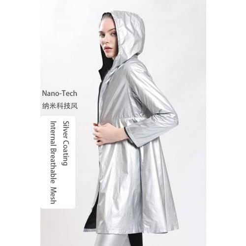 Women Metallic Trench Coat Waterproof Lightweight with Hood, Trench Long Raincoat Outdoor Active Hiking Windbreaker Ultra Light