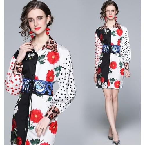 WTIANYUW 2021 New Summer Runway Elegant Shirt Dresses Women Turn-Down Collar Leopard Dots Floral Print Belt Loose Short Dress