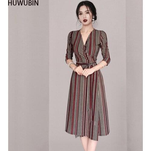 2021 Autumn New Korean High-End Temperament V-Neck Lace Up Waist Retro Wrap Medium Long Stripe Fashion Elegant Dress