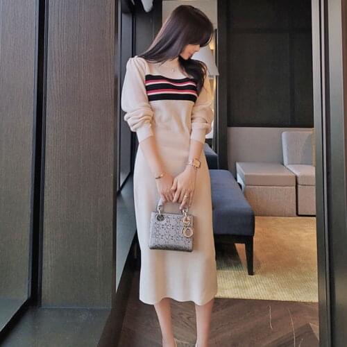 Elegant Spring Knitting Dress Women O-neck Striped Patchwork Long Sleeve Casual Sweater Long Dresses Office Lady Vestidoes
