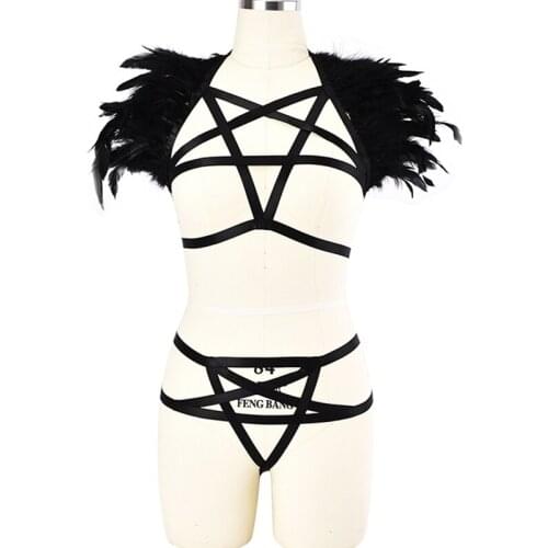 PENTAGRAM HARNESS Feather Harness Cage Bra Sexy Lingerie Goth Pole Dance Stars Panties G-string Strap Adjust Body Harness Set
