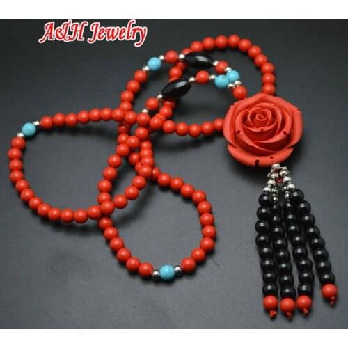 5pcs Red Cinnabar 6mm Round Beads Rose Flower Carved Pendants Fashion Women Sweater Chain Necklace Christmas Gift Jewelry