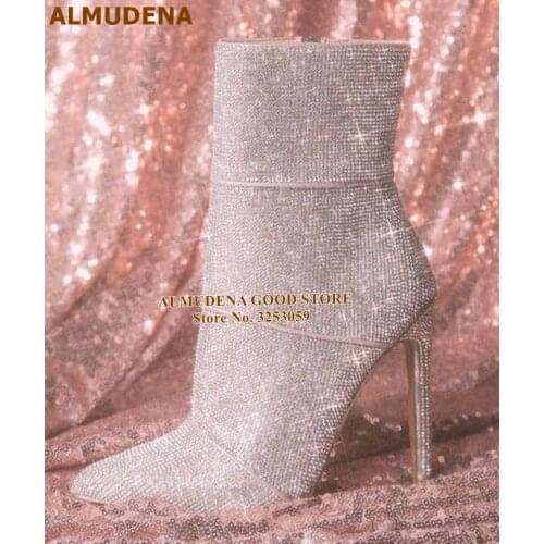 ALMUDENA Fantastic Sparkling Silver Crystal Ankle Boots Pointed Toe Zipper Glitter Dress Boots Bling Bling Wedding High Heels