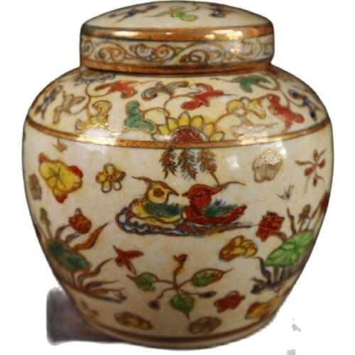 Chinese Old Porcelain Chenghua Gold Painted Colorful Mandarin Duck Pattern Jar Storage lid Jar